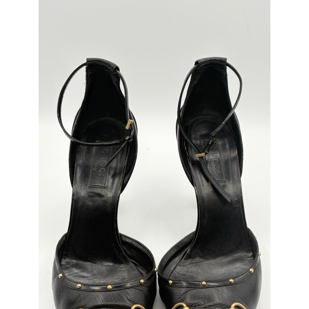 Gucci Black Leather Horsebit Studded Pointed Toe Ankle Strap Heels Size EU 38 - Picture 8 of 14